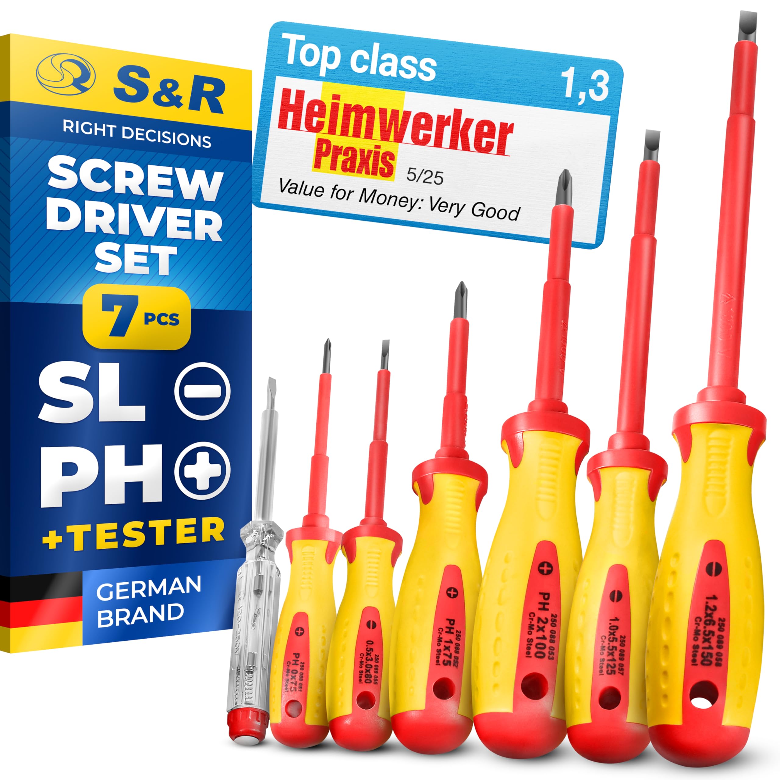 S&R Electrician Screwdriver Set 7-Piece – VDE-Tested up to 1000V | Power-Form Handle | PH & SL with Voltage Tester – Professional Quality