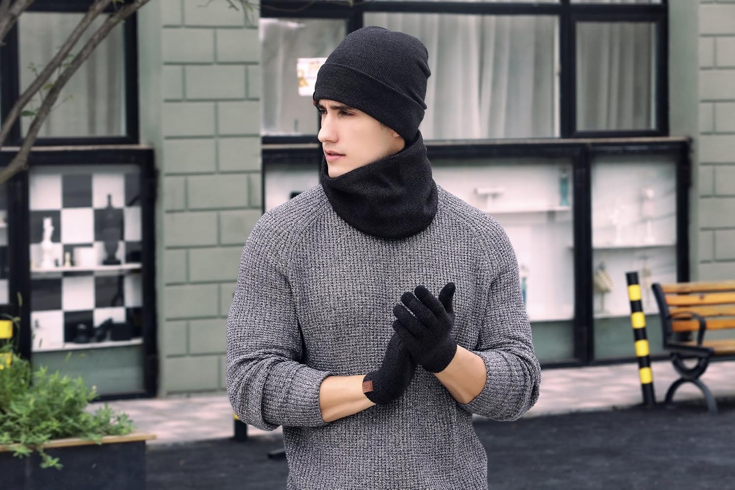 Winter Men Beanie Hat, Scarf, Touch Screen Gloves, 3 Pieces Winter Warm Clothing Set For Men, Black, One Size at  Men’s Clothing store