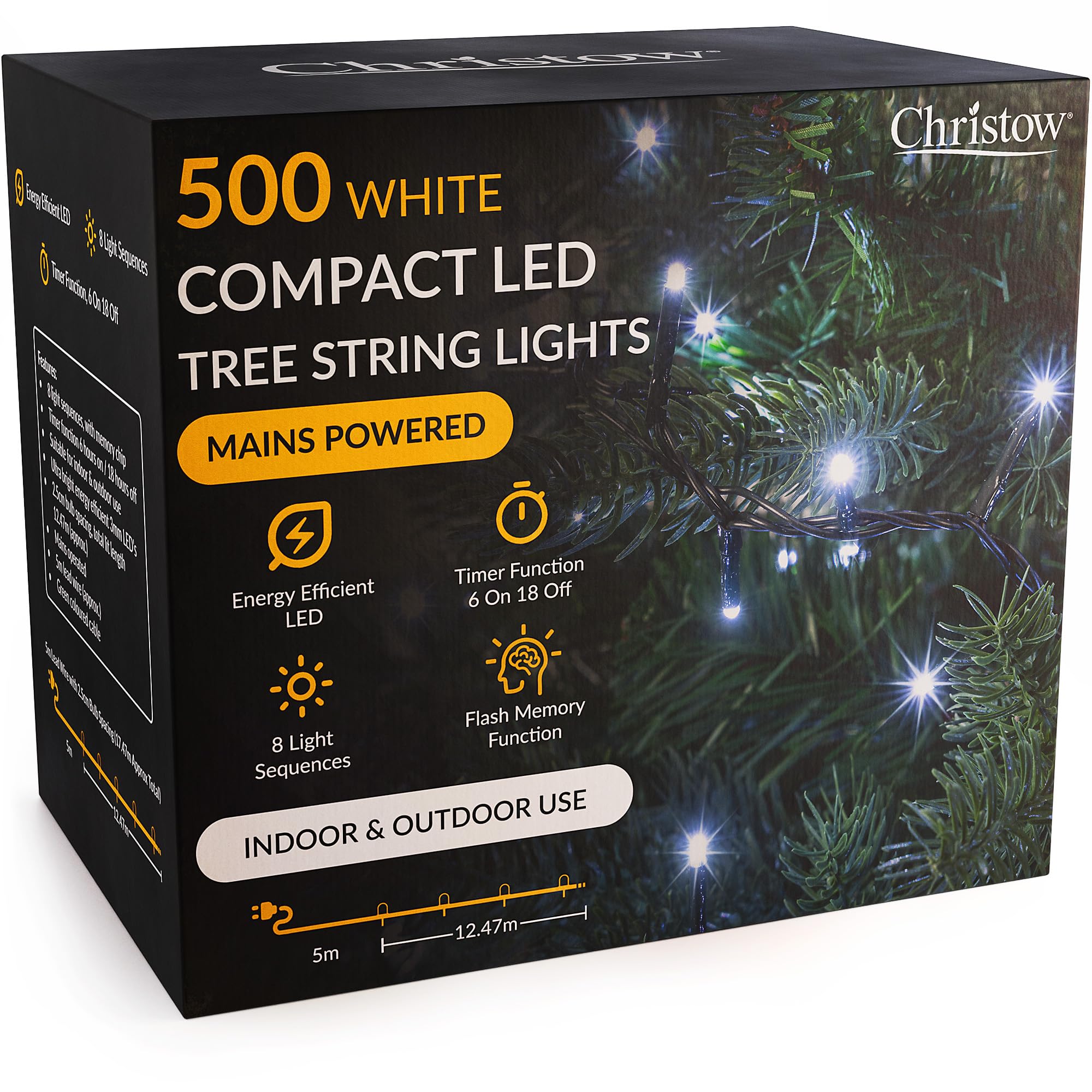 CHRISTOW 5ft Christmas Tree Lights, 500 White LED Fairy Lights with Timer, 8 Light Modes, Energy Efficient 3mm LEDs, Indoor & Outdoor, Mains Powered, Green Cable (12.47m Lit Length)