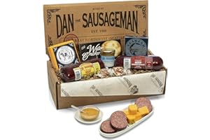 Dan the Sausageman Silver Star Gourmet Meat & Cheese Gift Box – Original & Jalapeno Summer Sausages, Sweet Hot Mustard, Sockeye Salmon, Water Crackers, Almond Roca – 8-Item Holiday Snack Box