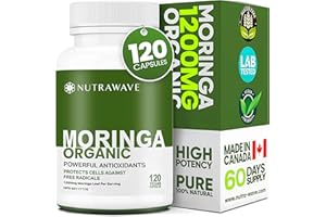 Nutrawave ORGANIC MORINGA LEAF Capsules 1200mg High Potency (2 x 600mg) – Gluten Free, Non-GMO, Vegan-Friendly Antioxidant Su