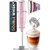 Zulay Kitchen Powerful Double Whisk Milk Frother Handheld - Foam Maker With Stand - Whisk Drink Mixer for Coffee, Mini Foamer