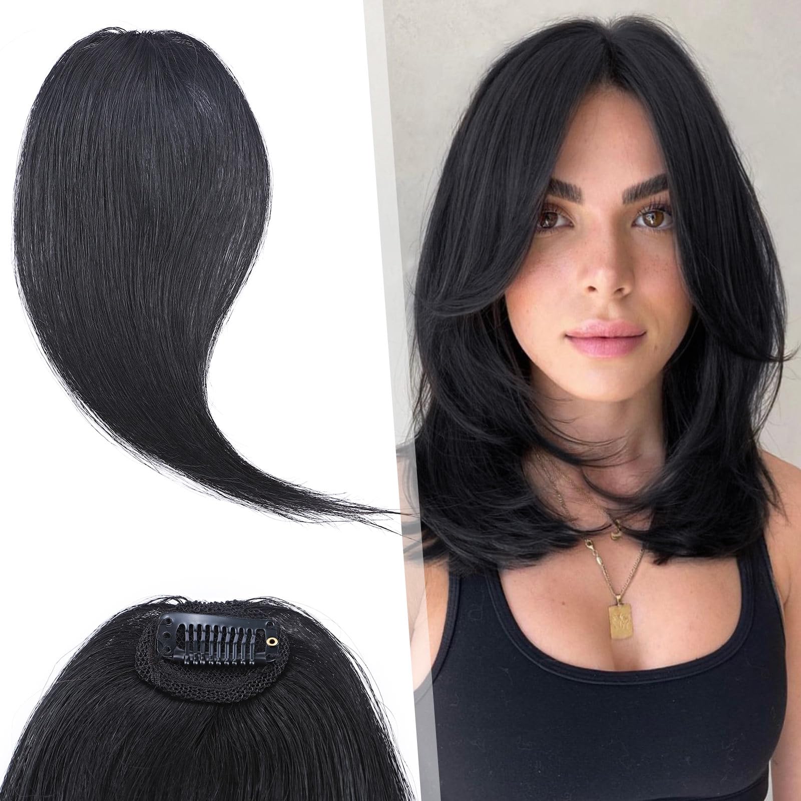 Photo 1 of Hairro Clip in Wave Side Bangs Extensions, 100% Human Hair 2 PCS Clip on Middle Part French Bangs Thin Sides Swept Fringe Hairpieces