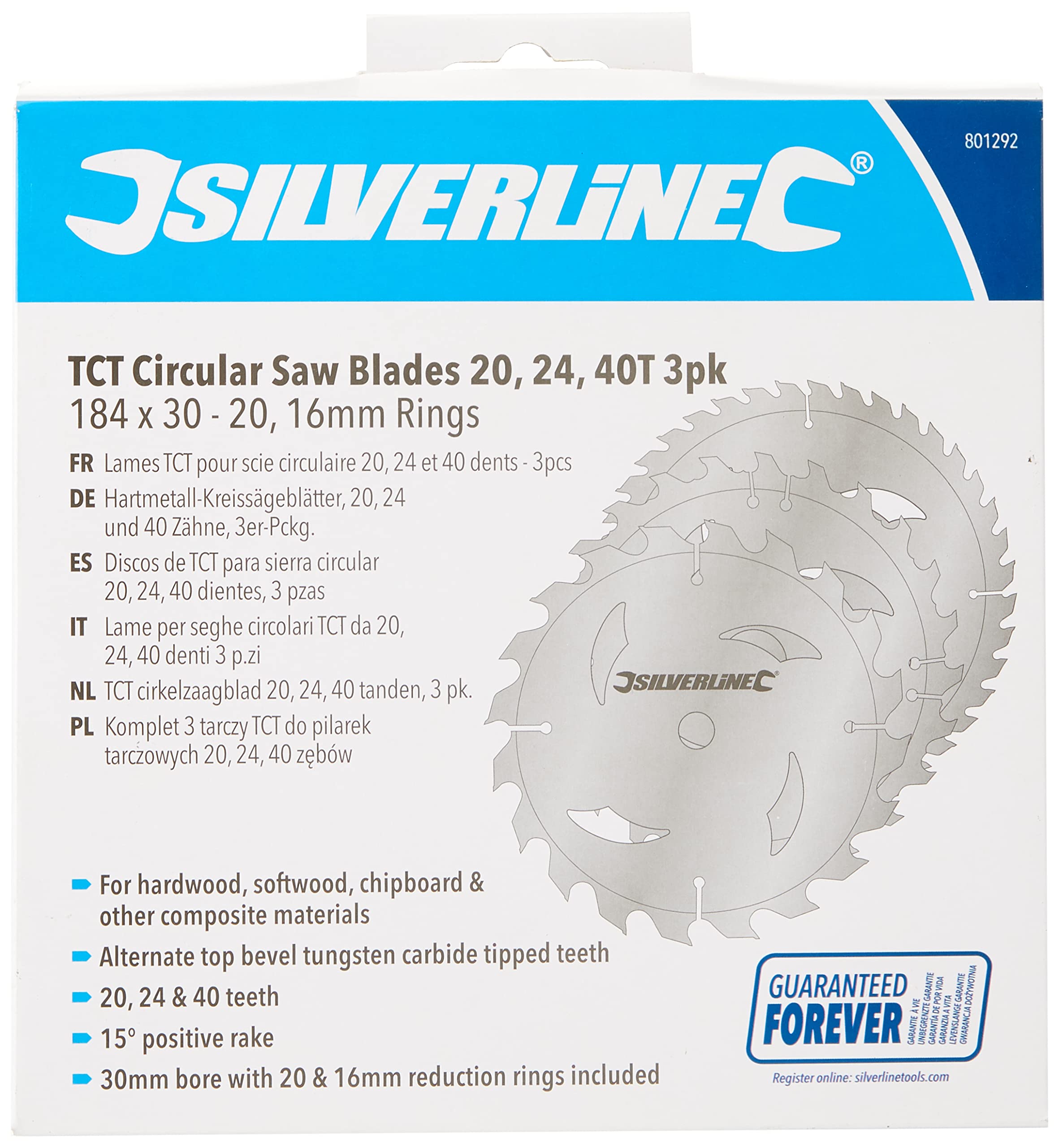 Silverline 801292 TCT Circular Saw Blades 20, 24, 40T 3pk 184 x 30 - 20, 16 mm Rings