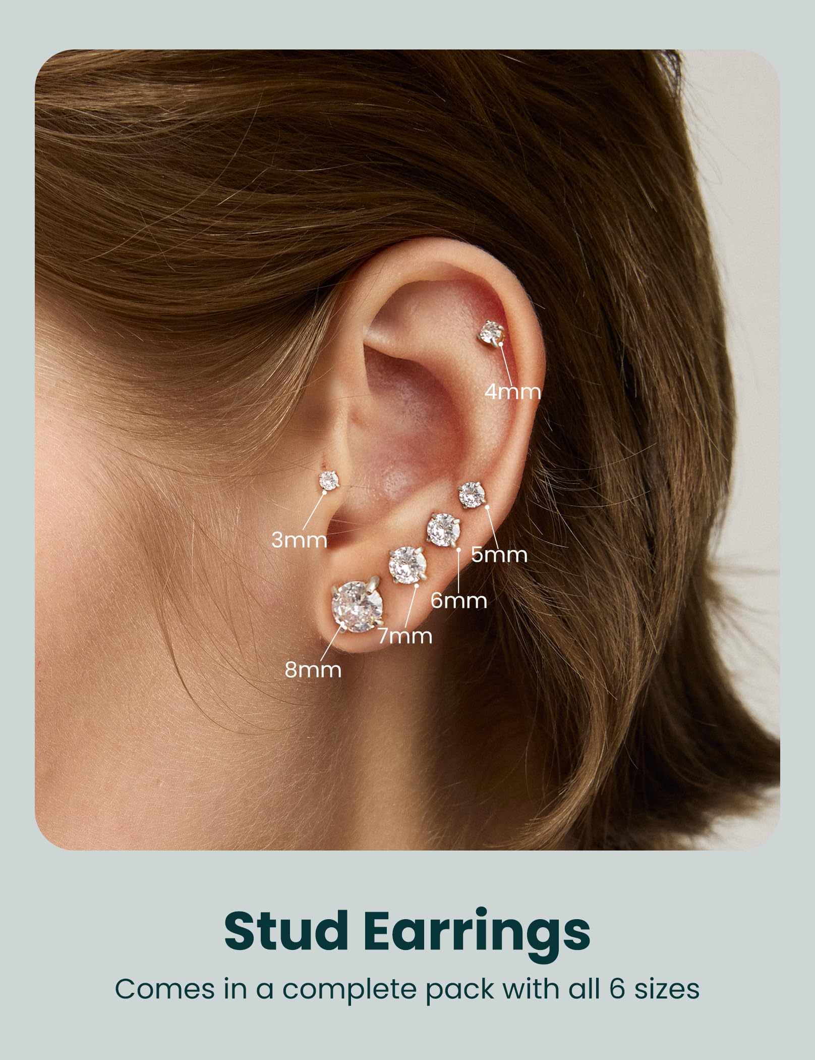 Wssxc 6 Pairs Stud Earrings Set, Hypoallergenic Cubic Zirconia 316L Earrings Stainless Steel CZ Earrings 3-8mm (Steel color)