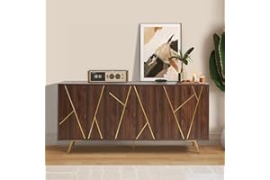 EDYO LIVING 63 Inch Mid Century Modern Sideboard Buffet with Storage, Wood Accent Cabinet with Shelves, Console for Living Room, Kitchen, Dark Walnut