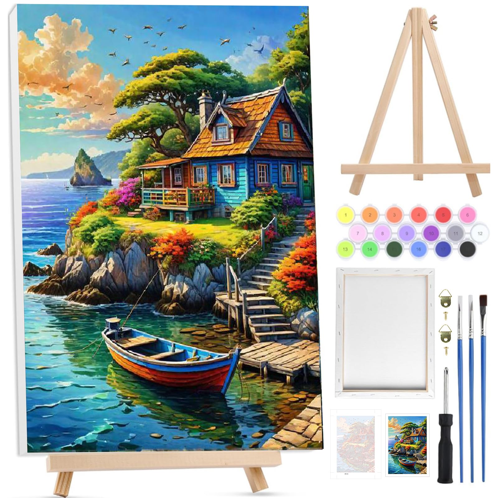 Bowetile Ship Framed Paint by Numbers for Adults, Seascape Painting by Numbers Kit for Adults Beginners Canvas Kit, DIY Color Oil Painting Acrylic Paints for Home Wall Decor 20x30cm