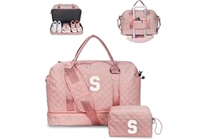 Vogewood Gifts for Granddaughter-Initial Duffle Bag with Shoe Compartment, Personalized Weekender Bag, Monogram Overnight Bag, Letter Travel Bag with Makeup Bag，Daughter Friend Gifts (Letter S), Pink