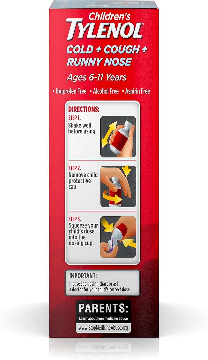 Children's Tylenol Cold + Cough + Runny Nose & Fever Medicine with Acetaminophen, Grape, 4 fl. oz: Health & Personal Care
