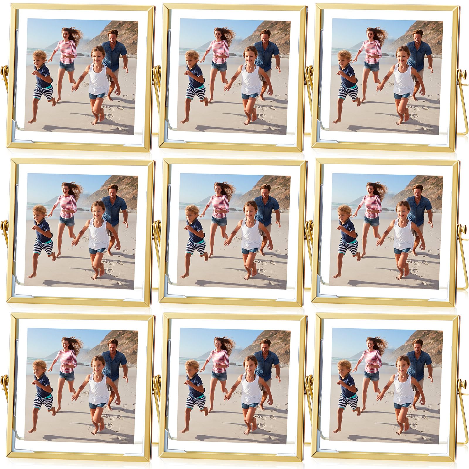 Photo 1 of Treela 9 Pieces 4 x 4 Inch Picture Floating Frames Metal Glass Photo Vintage Brass Frames Vertical Geometric Desk Decorations(Gold)