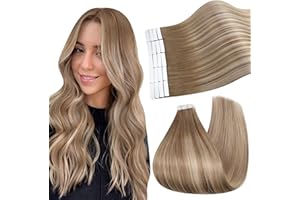 Ugeat Tape in Hair Extensions Human Hair Ombre Tape in Real Human Hair Extensions Light Brown Mix Platinum Blonde Balayage Invisible Hair Tape in Extensions 12inch 20Pcs 30G