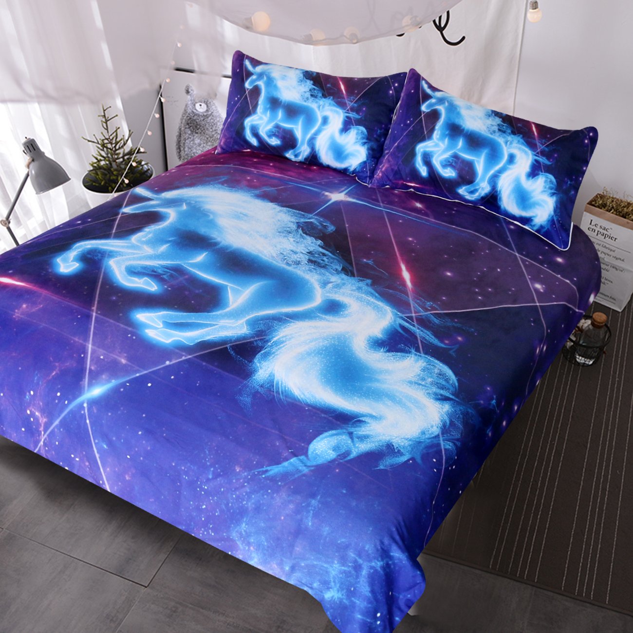 Blessliving Galaxy Blue Unicorn Bedding Boys Girls Sparkling Star