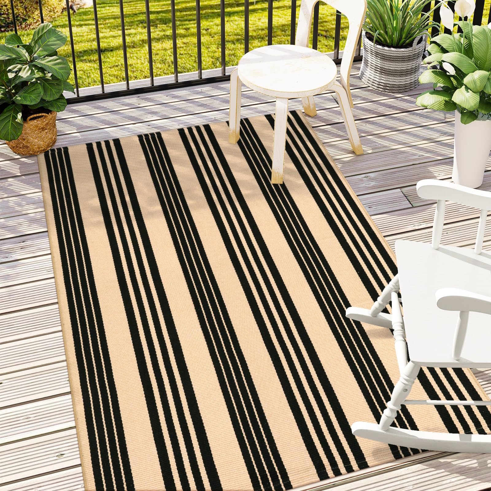 Photo 1 of Black and Tan Outdoor Rug 4x6ft, Cotton Farmhouse Striped Porch Rugs Hand-Woven Front Door Mat Modern Patio Rug Washable Indoor/Outdoor Area Rugs for Living Room Bedroom Balcony Backyard