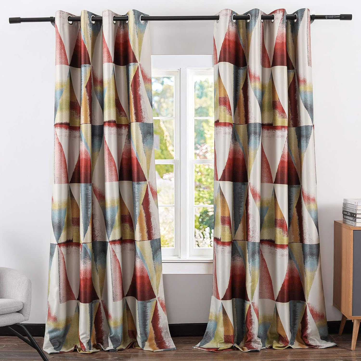 Leeva 2 Panels Blackout Curtain Panels for Sliding Door, Modern Geometric Print Thermal Insulated Heavy Window Treatment Drapes for Living Room, Red and Yellow, 52x84: Kitchen & Dining