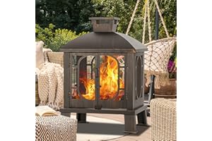 Panovue 45" H×31''W Metal Chiminea Fire Pit with Grill, Wood Burning Fire Pits for Outside,Square Chimineas Fireplace with Mesh Spark Screen Door& Fire Poker for Garden,Yard,BBQ,Bonfire (Black&Gold)