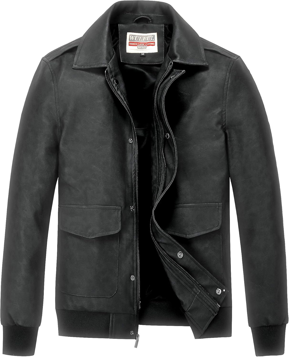 WULFUL Men Vintage Leather Jacket Casual Bomber Faux Leather Outwear