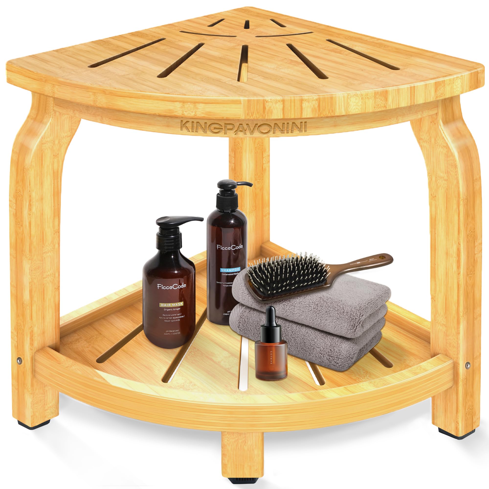 Photo 1 of KingPavonini Bamboo Corner Shower Stool for Shaving Legs Foot Rest, Waterproof Bath Bench Seat with Storage Shelf for Bathroom Inside Shower, Hold Up to 450Lbs