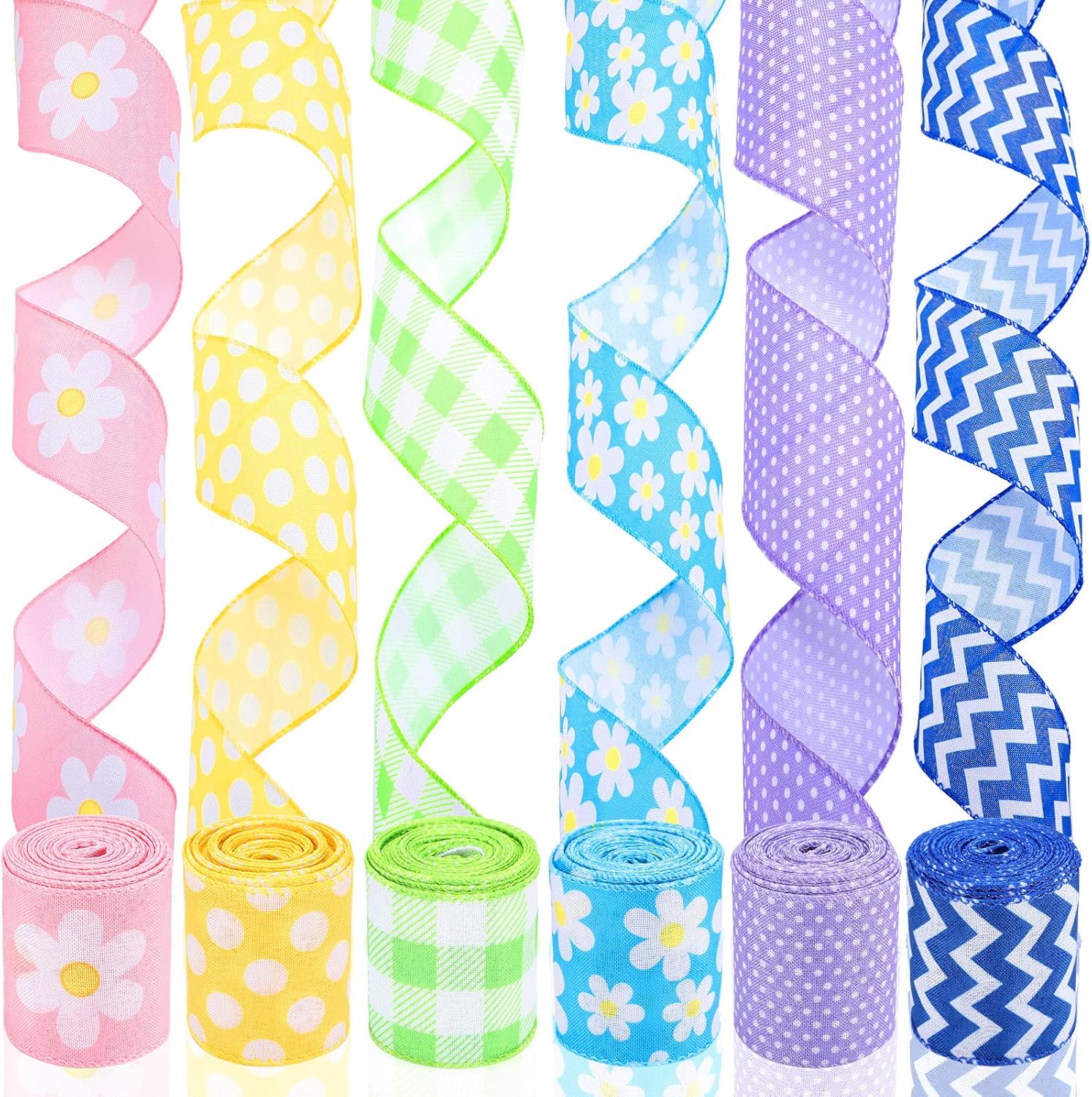 6 Rolls 30 Yards Flower Daisy Wired Edge Ribbon Polka Dot Wired Ribbon
