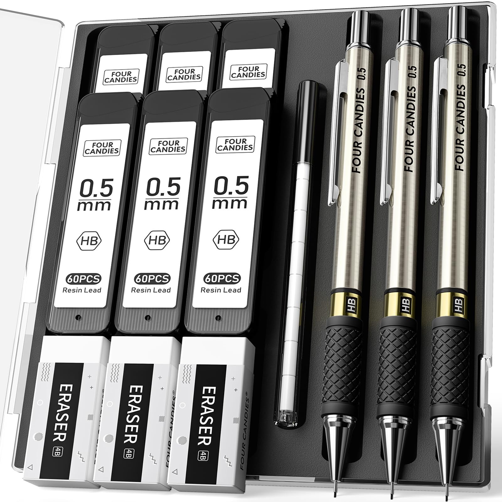 3PCS Metal Mechanical Pencil Set with 0.5 mm Fine Point, 360 Leads, 12 Erasers, Art Mechanical Pencils Pack with Storage Case for School Writing, Sketching, Drawing & Professional Drafting