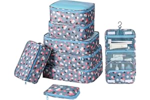 DIMJ Packing Cubes for Travel - 8 Pcs Travel Cubes for Suitcase Lightweight Travel Essential Bag with Large Toiletries Bag for Clothes Shoes Cosmetics Toiletries (Blue Flower)
