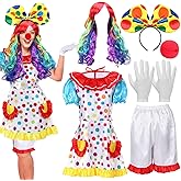 6 Pcs Clown Costume Set Women Circus Dress Rainbow Clown Wig Headband Nose Shorts Gloves for Halloween cosplay