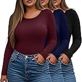 Evervibe 3 Pack Women's Plus Size Shirts Tops Scoop Neck Long Sleeve Tee Slim Fitted Stretchy Casual Basic Fall Winter Blouse