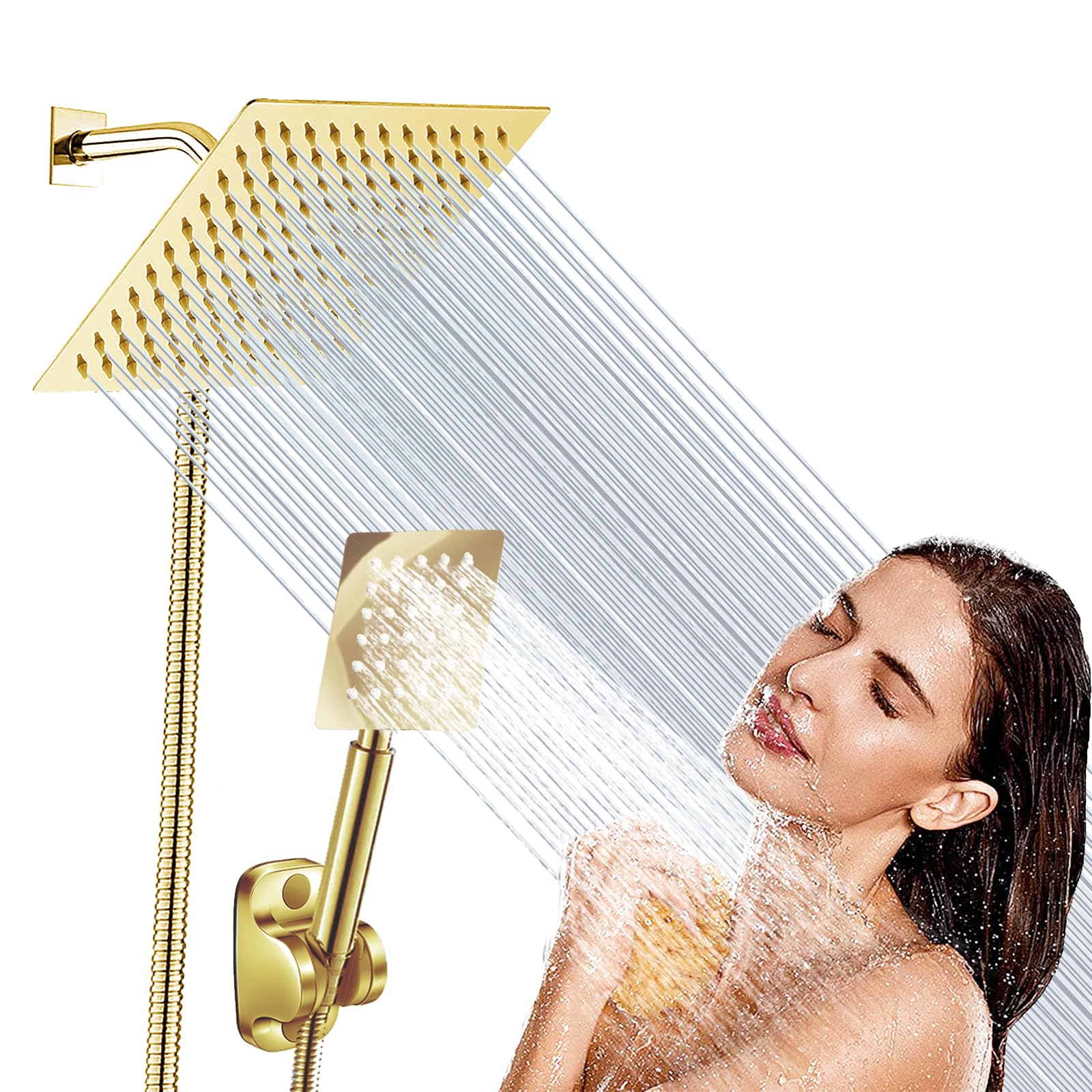 Photo 1 of High Pressure Square Rain 6'' Gold Shower Head Combo, Equipped with all Metal Hand Shower, 78" Extra Long Hose, 3-Way Diverter, Adhesive Shower Head Holder (WOSAISIUS Square Shower Head Set)