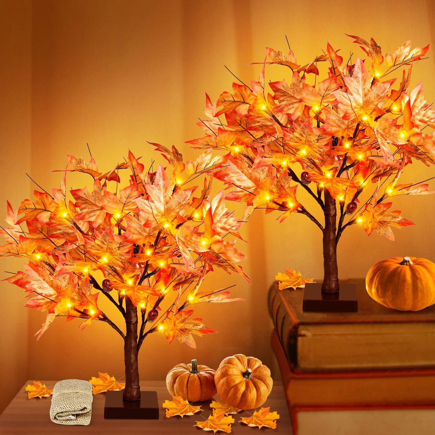 Trees - Remon 36 LED Lighted Fall Maple Tree - 1.5FT Thanksgiving Tabletop Lamp Decor with, 72 Maple Leaves, 6 Acorns, Timer Battery Operated 18 Inch Burlap Base Fall Artificial Tree for Autumn Decorations