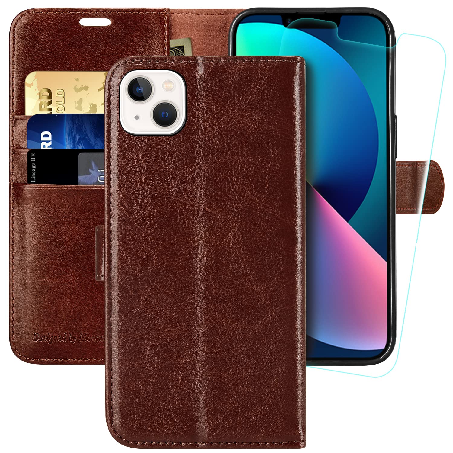 MONASAY Wallet Case for iPhone 14/15 Plus 5G,[Glass Screen Protector Included] [RFID Blocking] Flip Folio Leather Cell Phone Cover with Credit Card Holder for Apple iPhone 14/15 Plus 6.7-inch,Brown