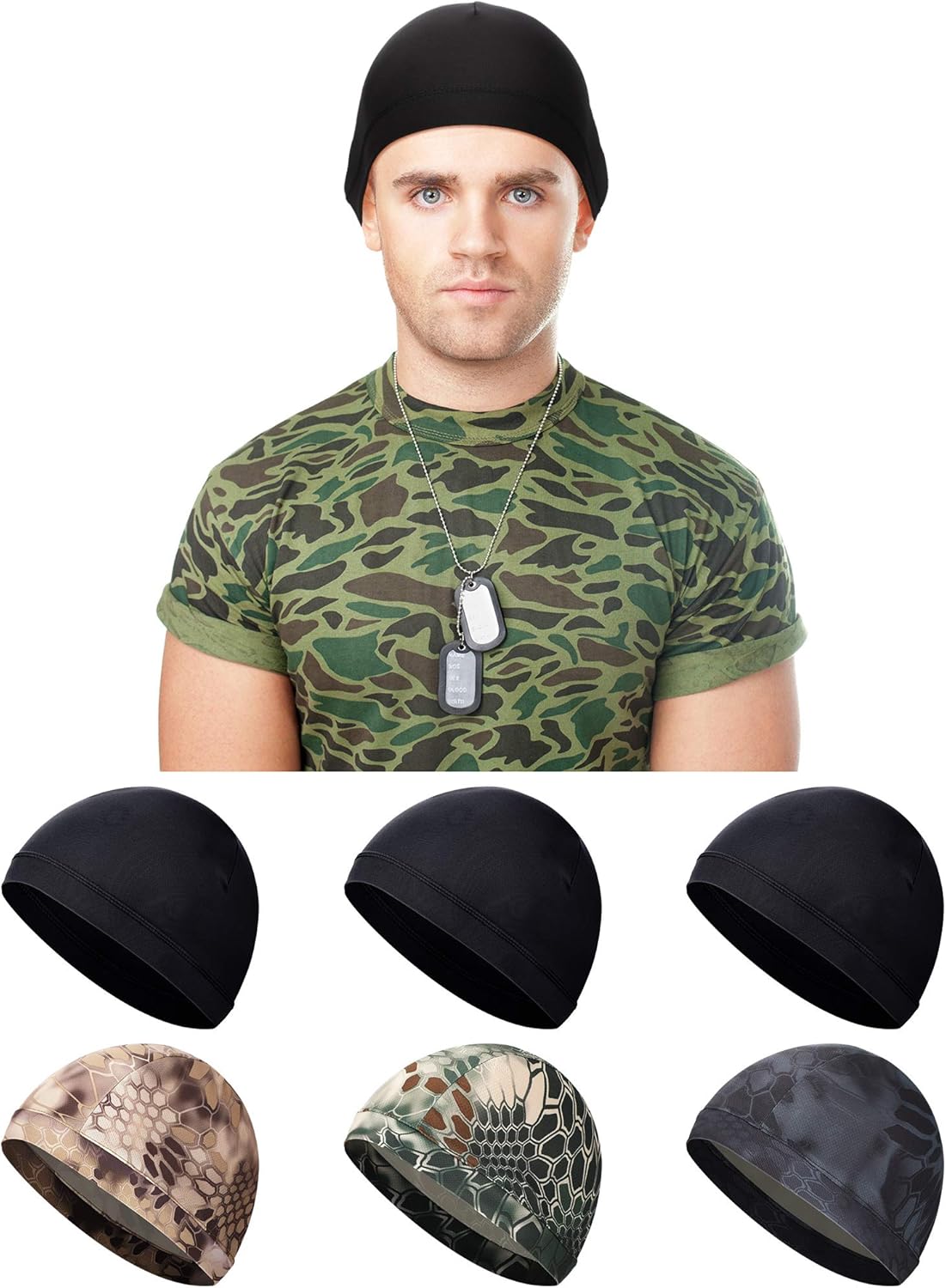 SATINIOR 6 Pieces Unisex Helmet Liner Skull Cap Cooling Cycling Cap Sports Helmet Cap Sweat Wicking Cap (Black, Camouflage): Clothing