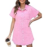 Yewfirm Denim Dress for Women Midi Jean Shirt Dresses Button Down Short Sleeve Summer Womens Jeans Babydoll Pockets