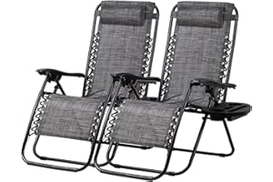 Nazhura Set of 2 Relaxing Recliners Patio Chairs Adjustable Steel Mesh Zero Gravity Lounge Chair Beach Chairs with Pillow and Cup Holder(Grey)
