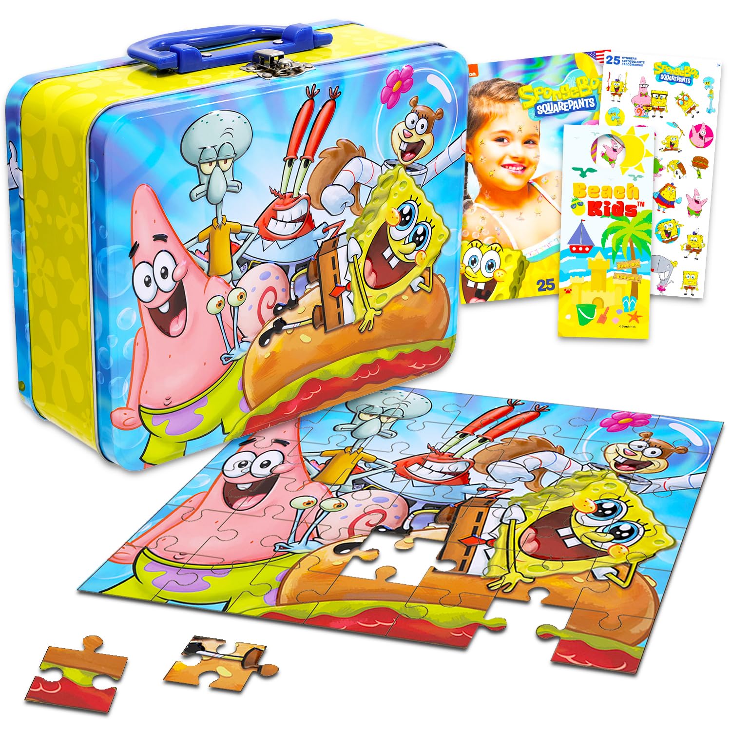 Photo 1 of Spongebob Tin Lunch Box Puzzle Bundle - Spongebob Squarepants Lunchbox with Spongebob Puzzle 48 Piece for Kids Plus Tattoos, Stickers, More | Spongebob School Supplies Set for Kids
