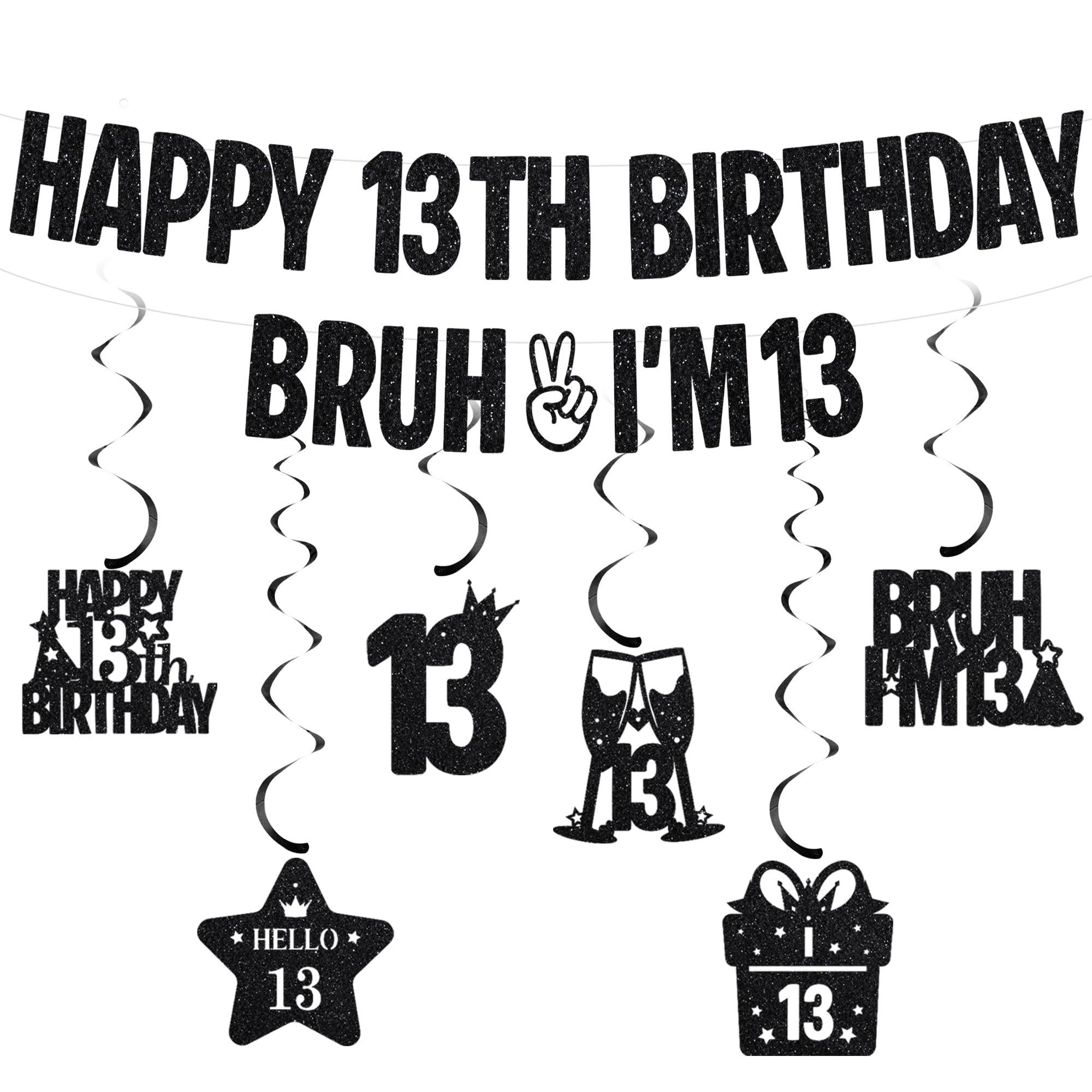 Happy 13th Birthday Banner Decorations - Glitter Bruh I’m 13 Banners with Hanging Swirls, Black Funny Official Teenager Birthday Party Supplies for Boys and Girls