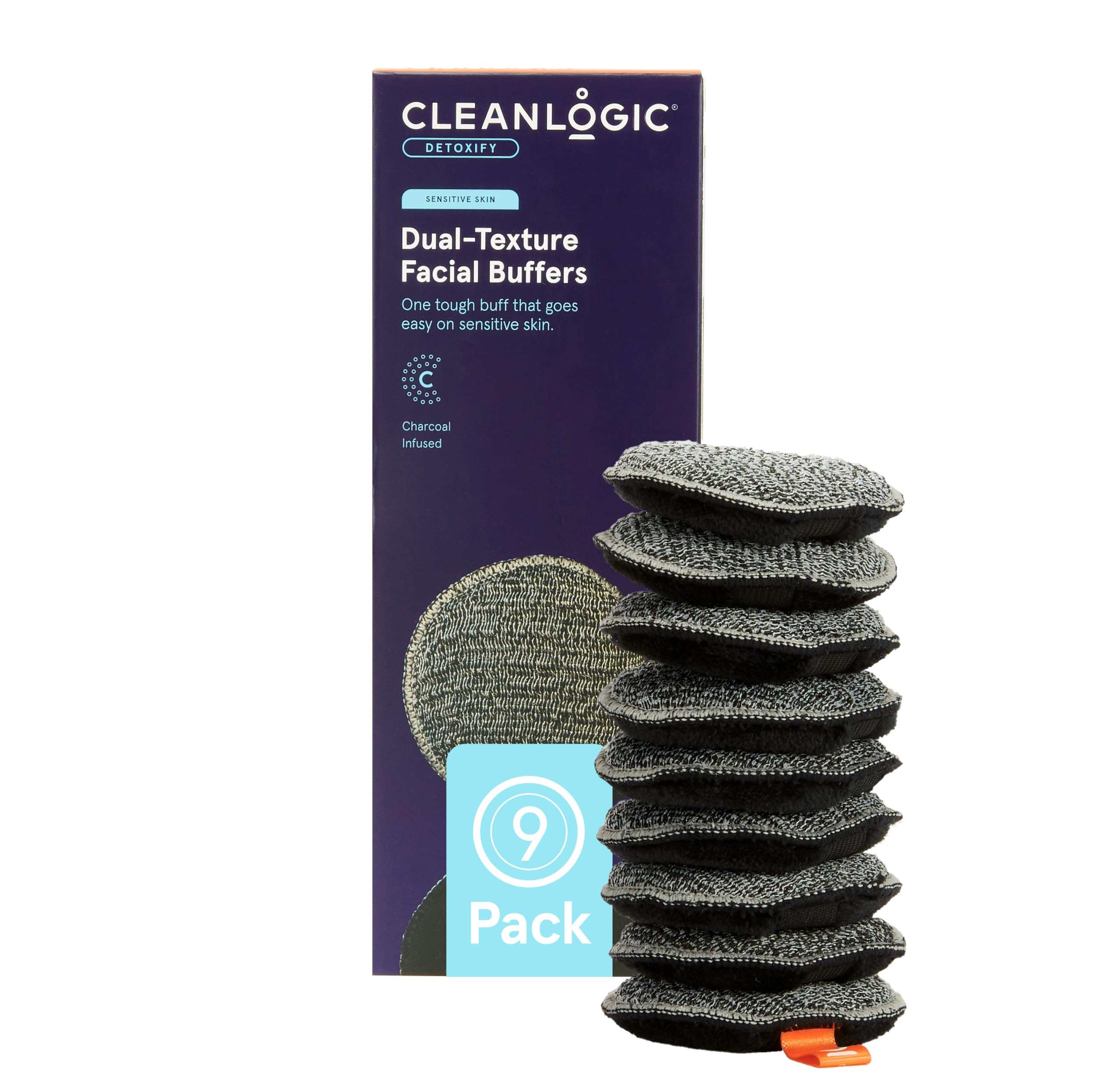 Cleanlogic Detoxify Exfoliating Dual Texture Face Buffers Infused with Charcoal, Helps to Soften Skin, Reusable Double Sided Face Exfoliator Pads, Pack of 9