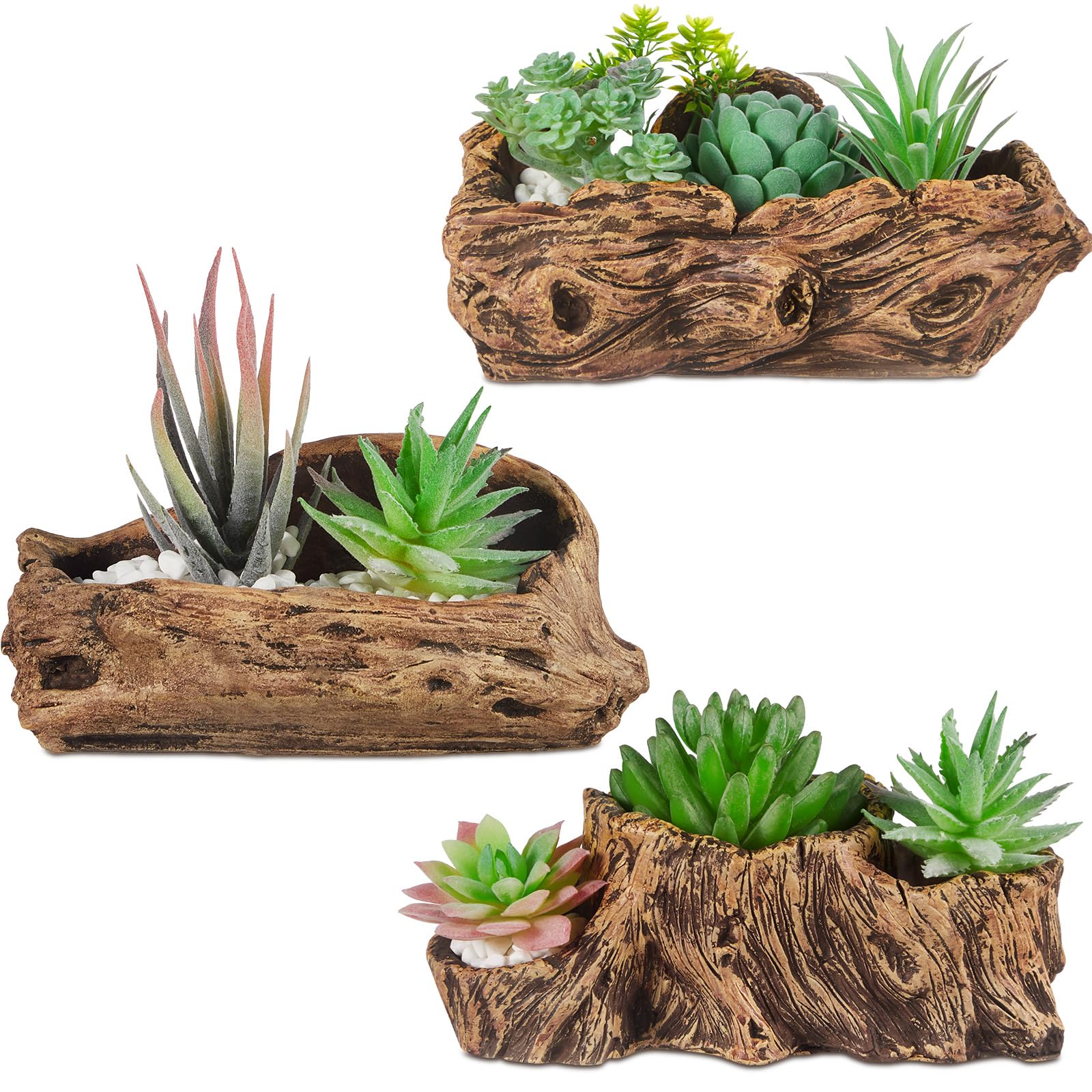 Photo 1 of Sunnychicc 3 Pcs Driftwood Stump Log Concrete Planter Driftwood Planter Succulent Pot Plant Pot for Succulents for Outdoor Indoor Home Patio Garden Decoration (Retro)