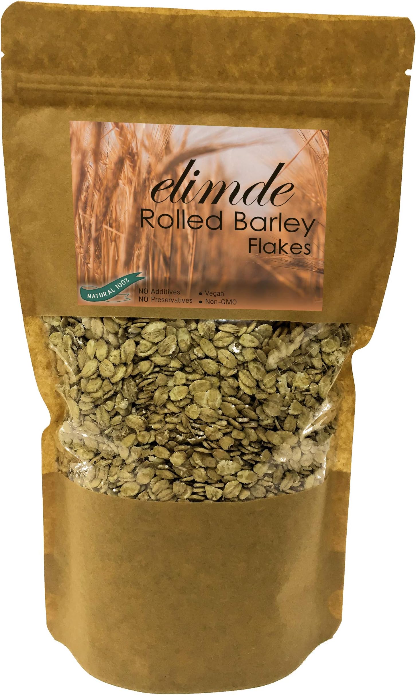 Elimde Rolled Barley Flakes ( 1 lb. ) | %100 Natural | %100 Non-GMO Whole Grain | High Protein-Fiber Source Old Fashioned Sugar-Free Flakes | No Additives No Preservatives (1 Pound) Resealable Pack