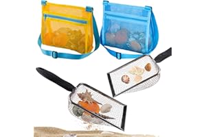 U-Zimikee Beach Mesh Shovel with Mesh Beach Bag Shell Bags for Picking Up Shells, Sand Sifter Kids Filter Sand Scooper for Shells Collecting, Shark Teeth Sifter Dipper for Kids(Blue+Yellow)