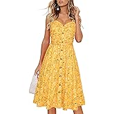 Drimmaks Women's Summer Casual Dress Florals Buttons Down Ruched Sweetheart Neck Sleeveless Midi Sundress
