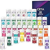Ceya Chunky Glitter Set 32 Colors, 11.28 oz/ 320g Craft Glitter Powder Mixed Chunky Fine Sparkle Flakes Each 15ml Iridescent Nail Sequins for Epoxy Resin Nail Art Tumbler Slime Festival Decor