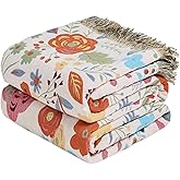 Boho Throw Blanket - 100% Cotton Soft Breathable Throw Blankets, 50"x60" 4-Layer Lightweight Muslin Cotton Quilt, Floral Printed Fall Bohemian Decor Throw Blankets for All Season