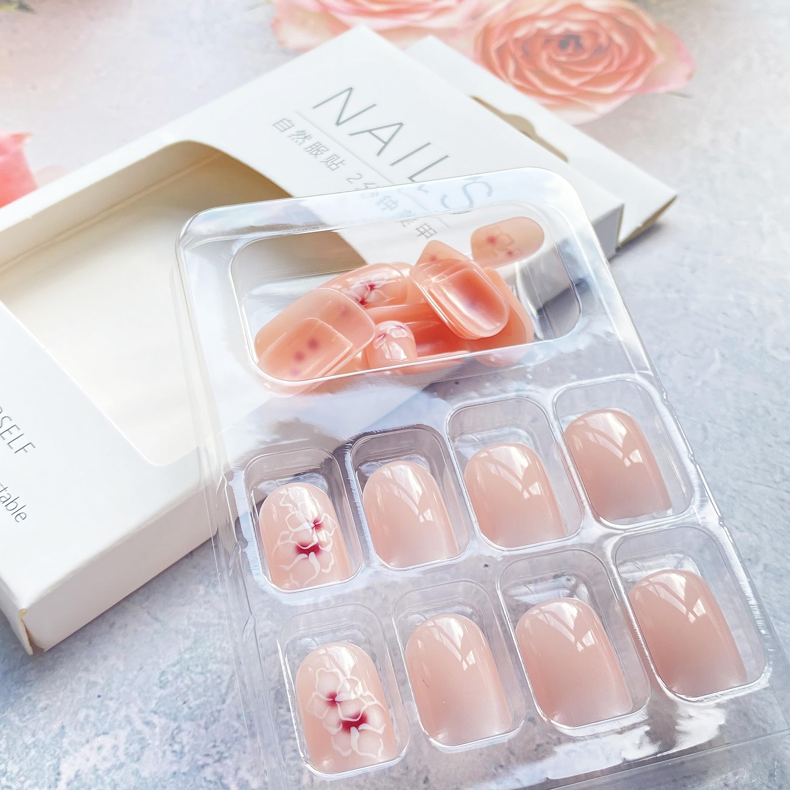 24pcs Press on Nails Short Square Fake Nails Petite White Pink Gradient False Nails Acrylic Nails with French Colorful Floral Designs Artificial Nails Glossy Stick on Nails for Women and Girls Summer - Image 6