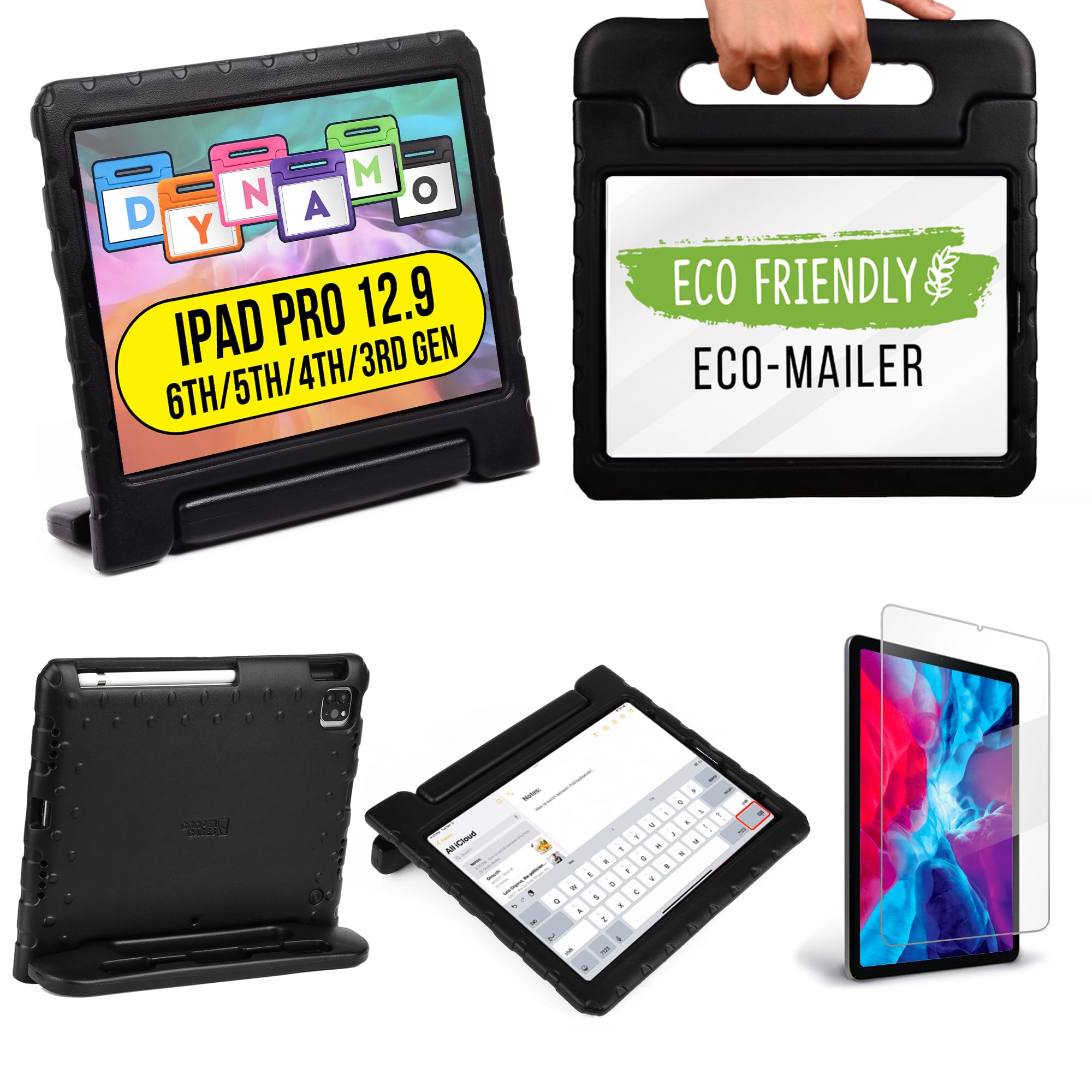 Cooper Dynamo iPad Pro 12.9 Case for Kids for iPad Pro 12.9 1st/2nd Generation 2015/2017 (Not For 3rd-6th Gen) Rugged Foam, Magic Handle, Stand, Pencil Holder, Eco-Mailer (Black)