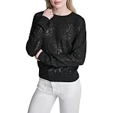 DKNY Women's Long Sleeve Crew Neck Logo Pointelle Stitch Sweater
