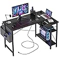 TIQLAB L Shaped Computer Desk with Power Outlets, 47 Inch Small Corner Desk with Reversible Shelves, Gaming Desk Computer Table Study Writing Table for Home Office Bedroom Small Space, Black