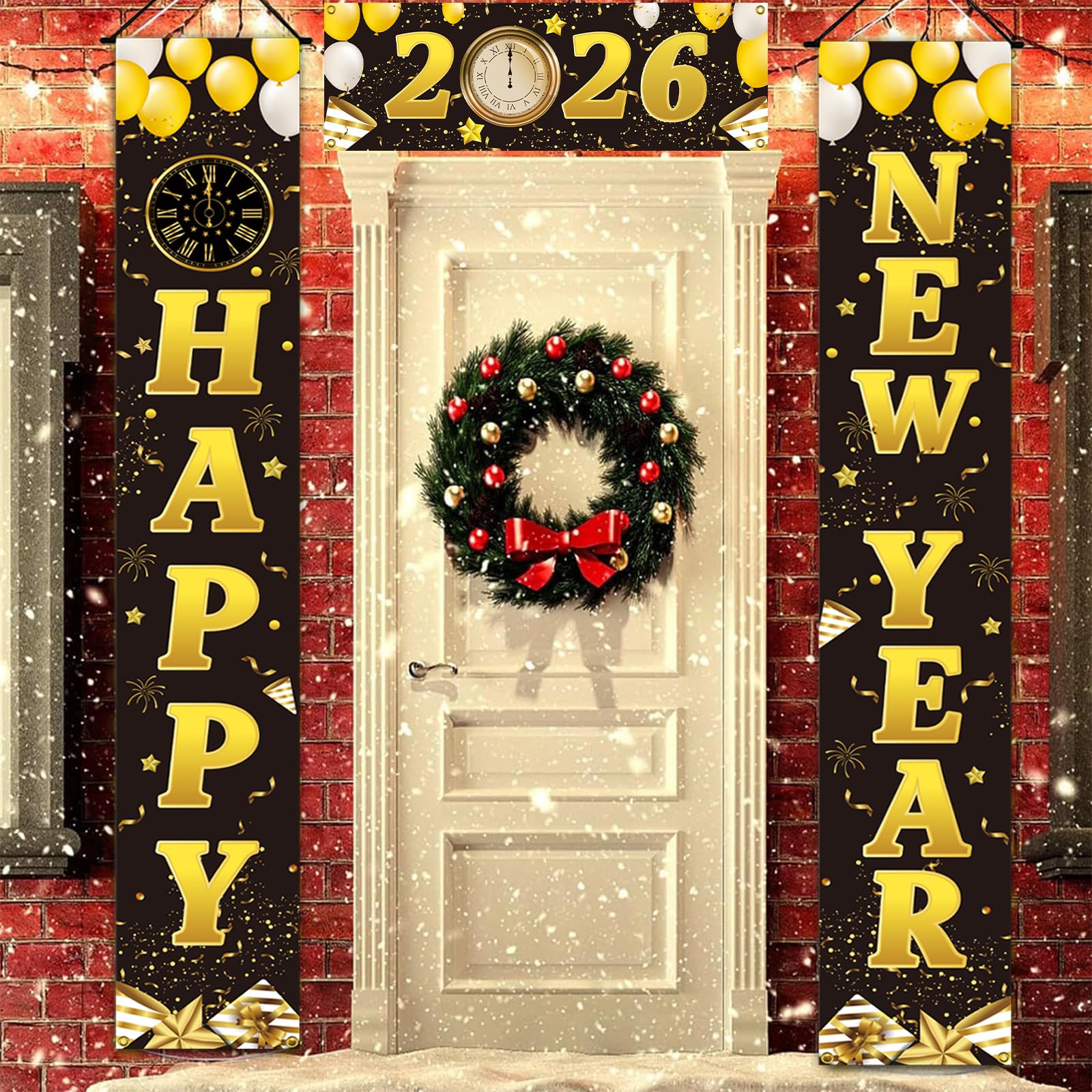 Happy New Year Banner, New Years Eve Decorations 2026, 3 PCS Black Gold Happy New Year Door Banners & Porch Signs, Hanging Banners for Yard Indoor Outdoor New Years Party Accessories Supplies for 14+
