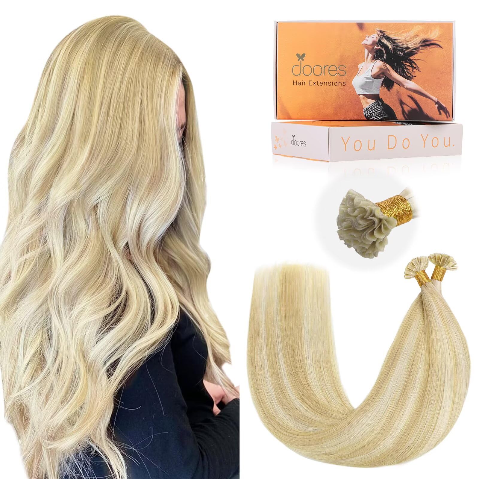 DOORES U Tip Hair Extensions, Dark Blonde Highlighted Bleach Blonde 18 Inch 50g 50s, Natural Remy U Tip Beads Hair Extensions Lightweight โ image 1