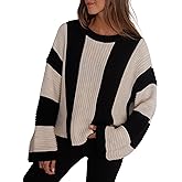 InterNos Womens Striped Bell Sleeve Pullover Sweater Loose Color Block Crew Neck Vertical Knitwear