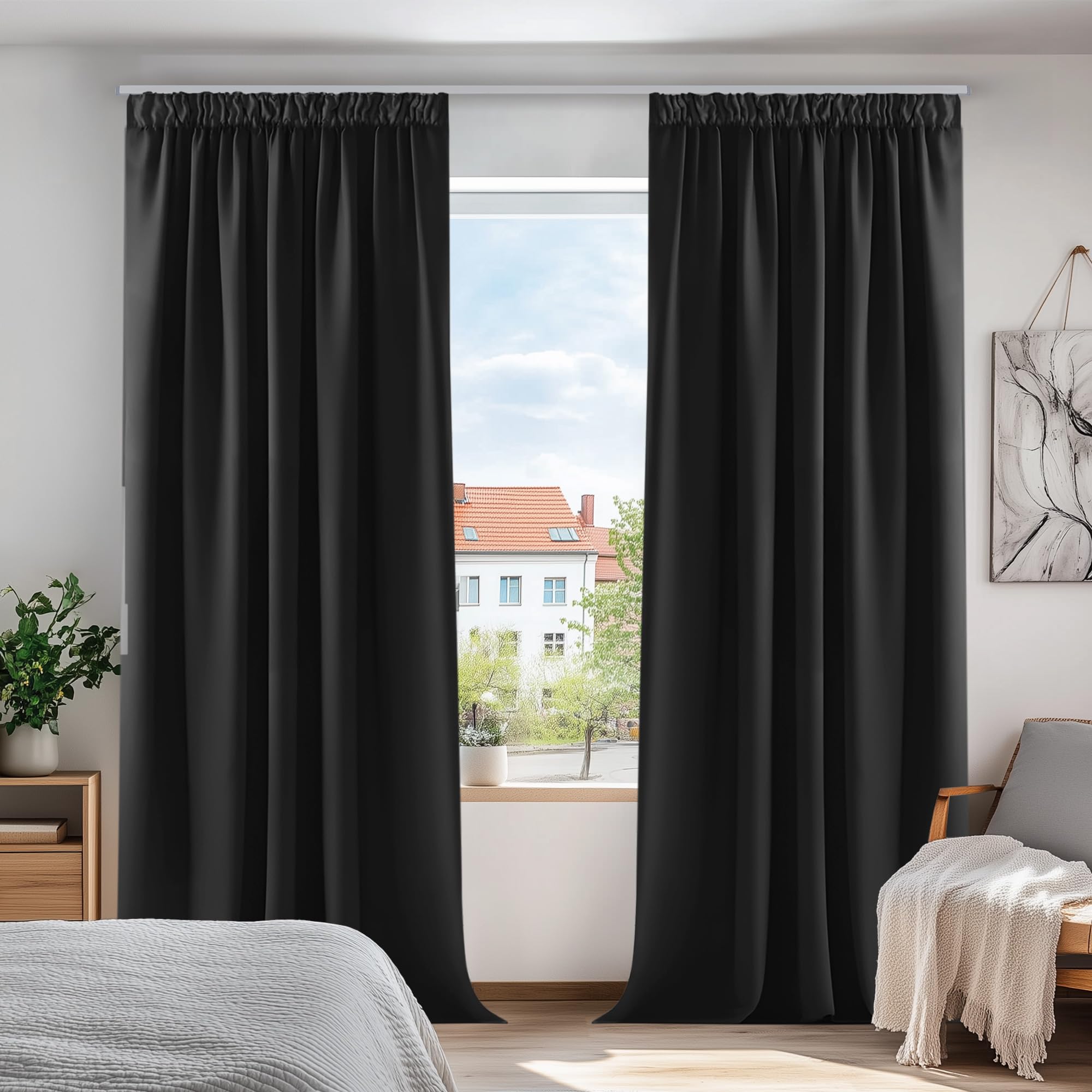 Deconovo Window Treatment Blackout Curtains Rod Pocket Thermal Insulated Decorative Soft Energy Saving Room Darkening Pencil Pleat Curtains for Kid 52 x 63 Inch Black Set of 2