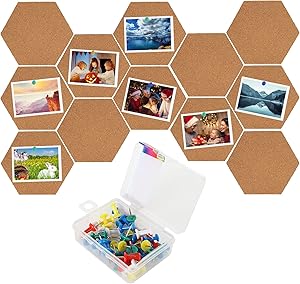 12Pcs Hexagon Cork Board Tiles, Self-Adhesive Wall Bulletin Board with 50 Multi-Color Push Pins, 7.8” x 6.8” Decorative Memo Boards Message Board for Home, Office, School, Dorm